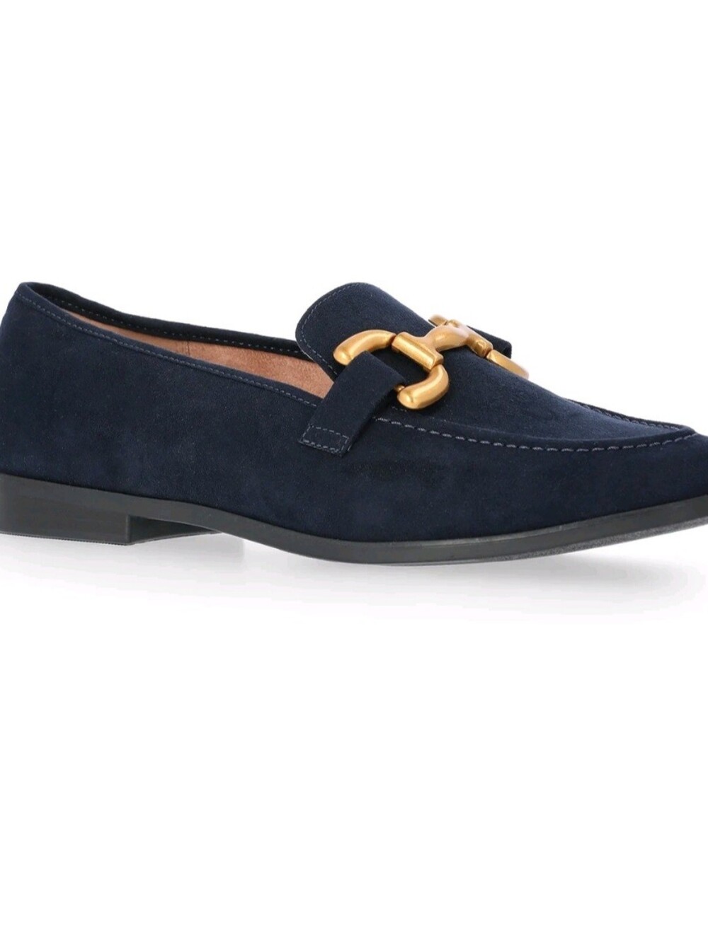 Women's Faux Microsuede Buckle Loafers. Navy seude with gold acents. Size 8.